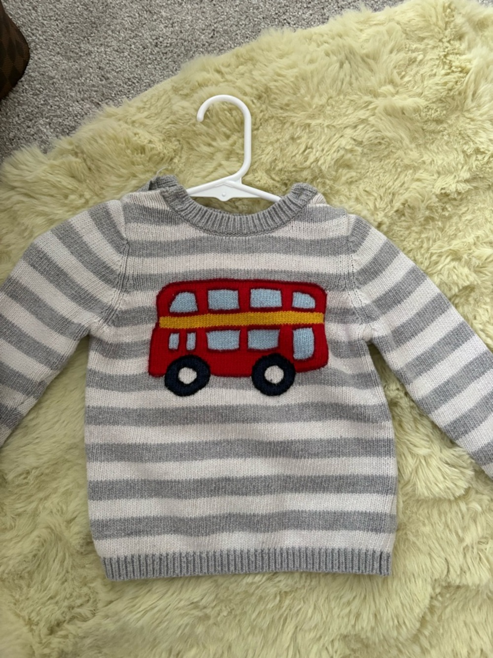 Baby Boden Grey & White Striped Sweater with Red Bus